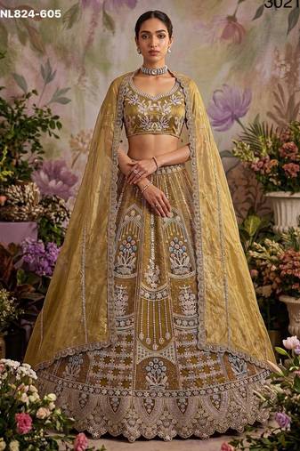 mustard net embroidered Designer Lehenga Choli Set