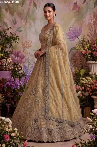 Beige Net Embroidered Designer Lehenga Choli Set