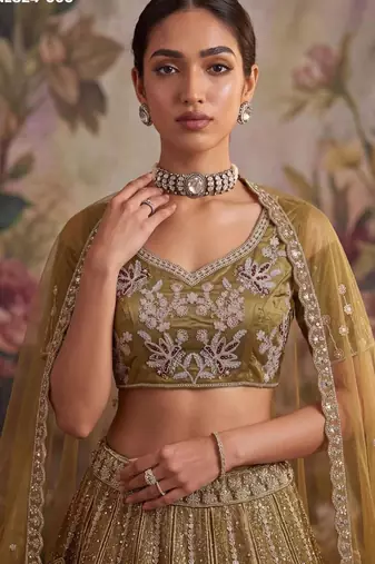 mustard net embroidered Designer Lehenga Choli Set