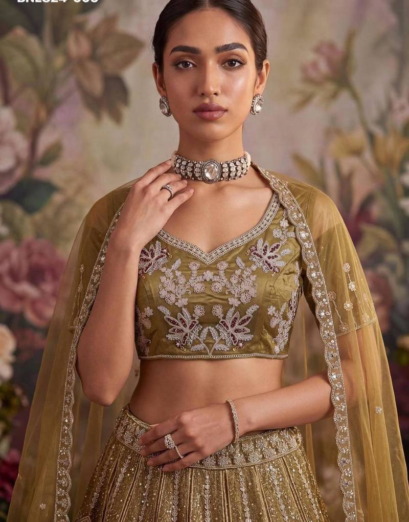 mustard net embroidered Designer Lehenga Choli Set