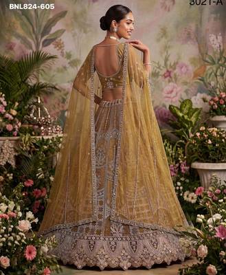 mustard net embroidered Designer Lehenga Choli Set 3