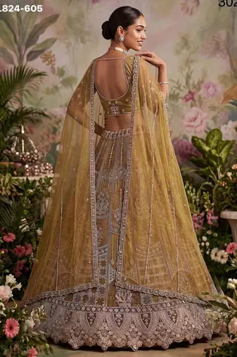 mustard net embroidered Designer Lehenga Choli Set