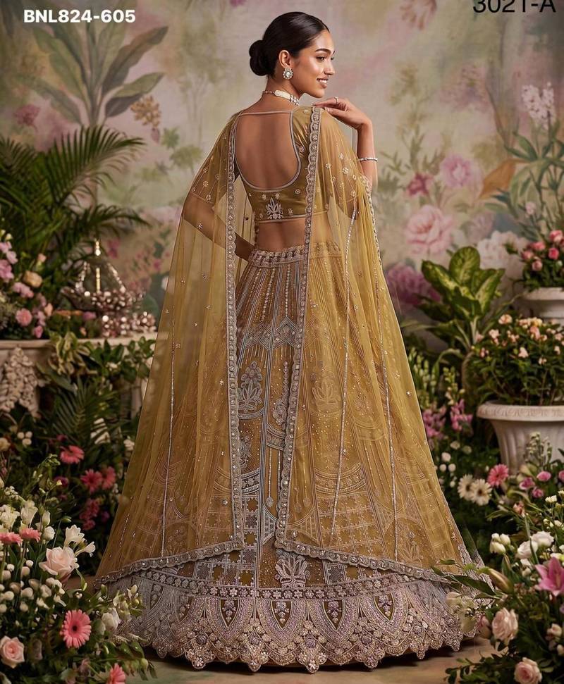 mustard net embroidered Designer Lehenga Choli Set