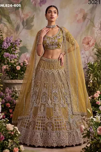 mustard net embroidered Designer Lehenga Choli Set