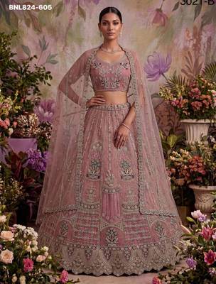Onion Pink Net Embroidered Designer Lehenga Choli Set 1