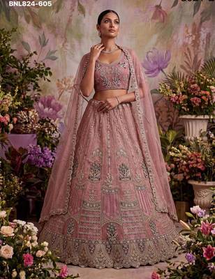 Onion Pink Net Embroidered Designer Lehenga Choli Set 2