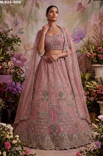 Onion Pink Net Embroidered Designer Lehenga Choli Set