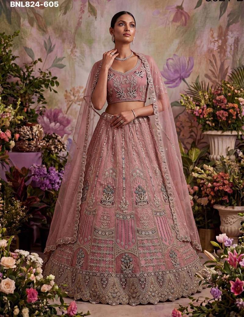 Onion Pink Net Embroidered Designer Lehenga Choli Set