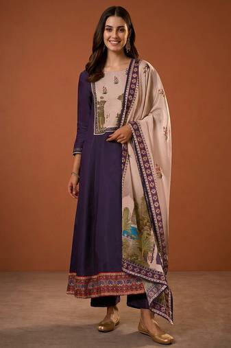 Women's Beautiful Printed Work Viscose Silk Fabric Flared Anarkali Pant and Dupatta Set