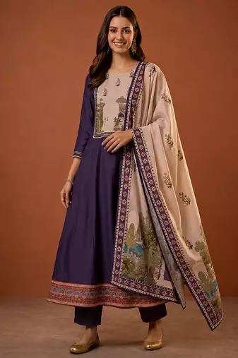 Women's Beautiful Printed Work Viscose Silk Fabric Flared Anarkali Pant and Dupatta Set