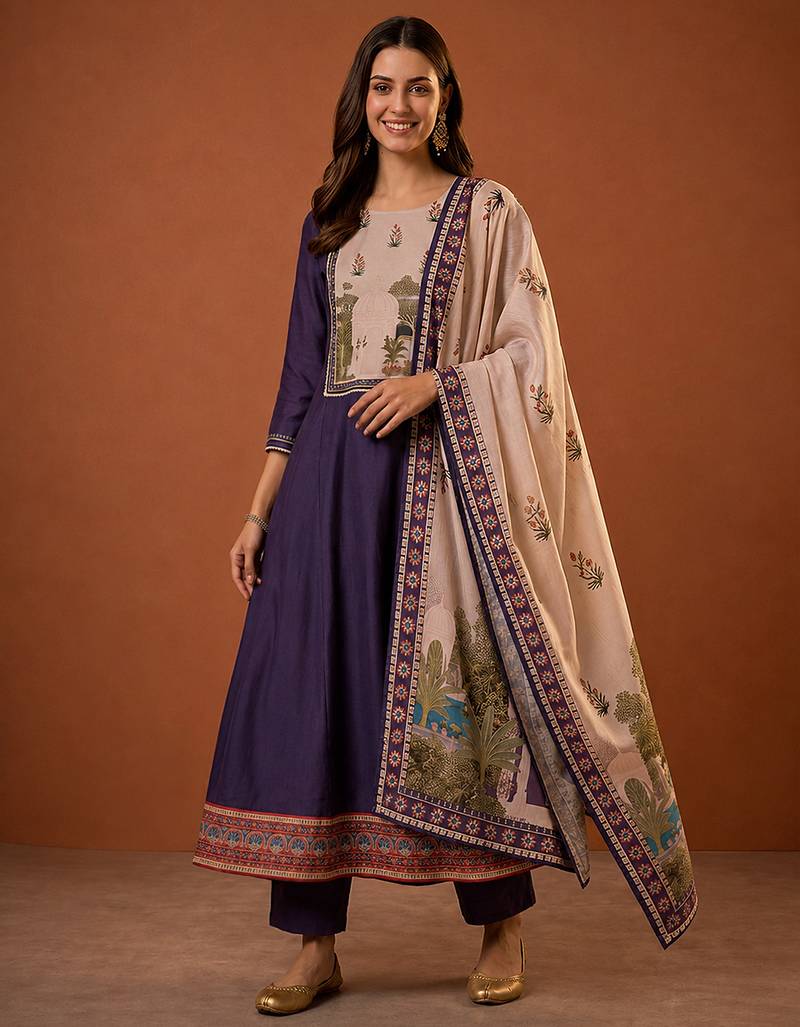 Women's Beautiful Printed Work Viscose Silk Fabric Flared Anarkali Pant and Dupatta Set