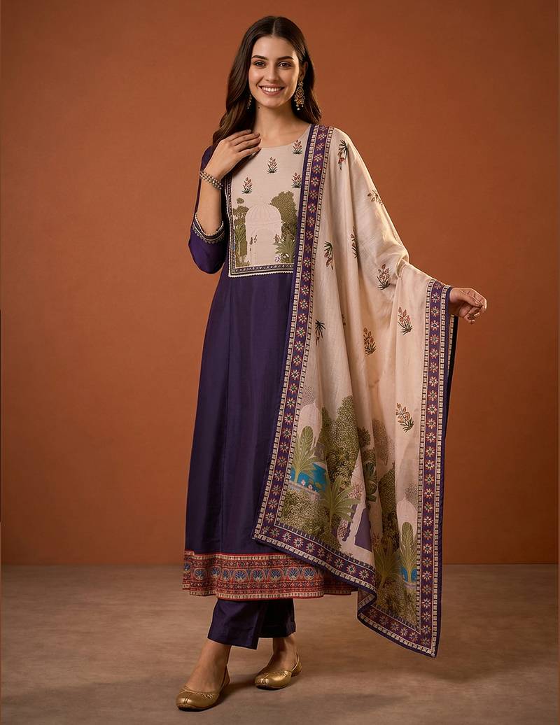 Women's Beautiful Printed Work Viscose Silk Fabric Flared Anarkali Pant and Dupatta Set