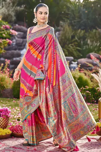 Women pink & orange banarasi jacquard woven silk blend festive saree