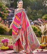 Women pink & orange banarasi jacquard woven silk blend festive saree