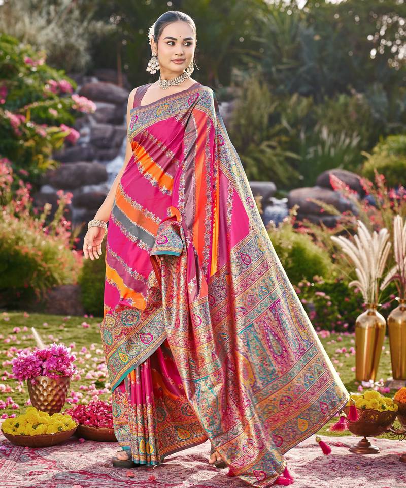 Women pink & orange banarasi jacquard woven silk blend festive saree
