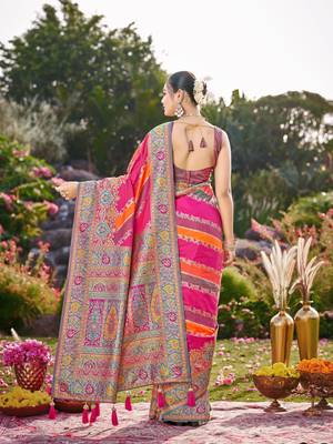 Women pink & orange banarasi jacquard woven silk blend festive saree 2