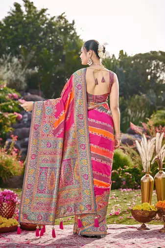 Women pink & orange banarasi jacquard woven silk blend festive saree