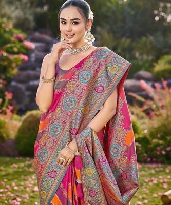 Women pink & orange banarasi jacquard woven silk blend festive saree 3