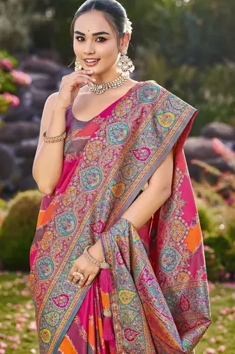 Women pink & orange banarasi jacquard woven silk blend festive saree