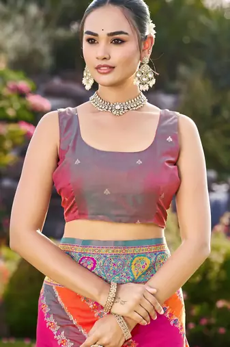 Women pink & orange banarasi jacquard woven silk blend festive saree