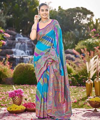 Women blue & purple banarasi jacquard woven silk blend wedding saree 1
