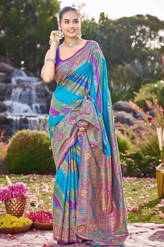 Women blue & purple banarasi jacquard woven silk blend wedding saree
