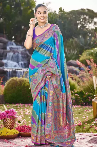 Women blue & purple banarasi jacquard woven silk blend wedding saree