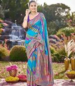Women blue & purple banarasi jacquard woven silk blend wedding saree