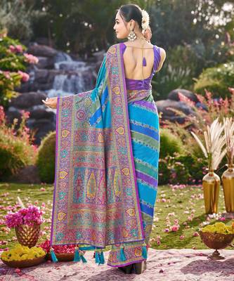 Women blue & purple banarasi jacquard woven silk blend wedding saree 2