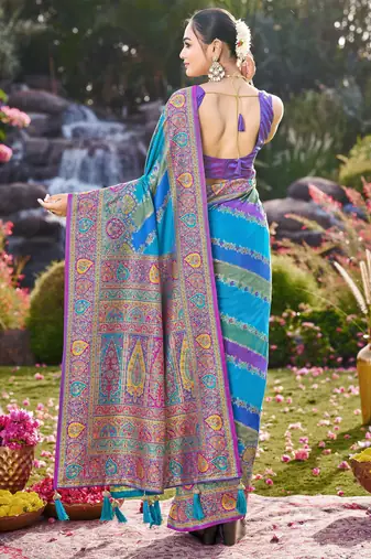 Women blue & purple banarasi jacquard woven silk blend wedding saree