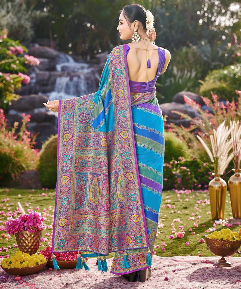 Women blue & purple banarasi jacquard woven silk blend wedding saree