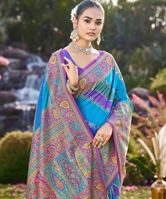 Women blue & purple banarasi jacquard woven silk blend wedding saree 3