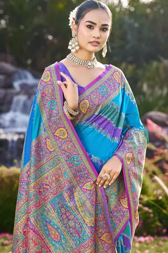 Women blue & purple banarasi jacquard woven silk blend wedding saree