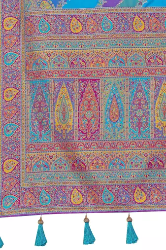 Women blue & purple banarasi jacquard woven silk blend wedding saree