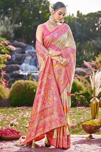 Women cream & pink banarasi jacquard woven silk blend ethnic saree
