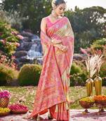 Women cream & pink banarasi jacquard woven silk blend ethnic saree