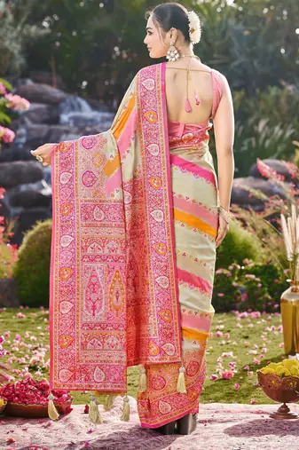 Women cream & pink banarasi jacquard woven silk blend ethnic saree