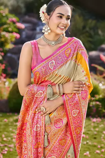 Women cream & pink banarasi jacquard woven silk blend ethnic saree
