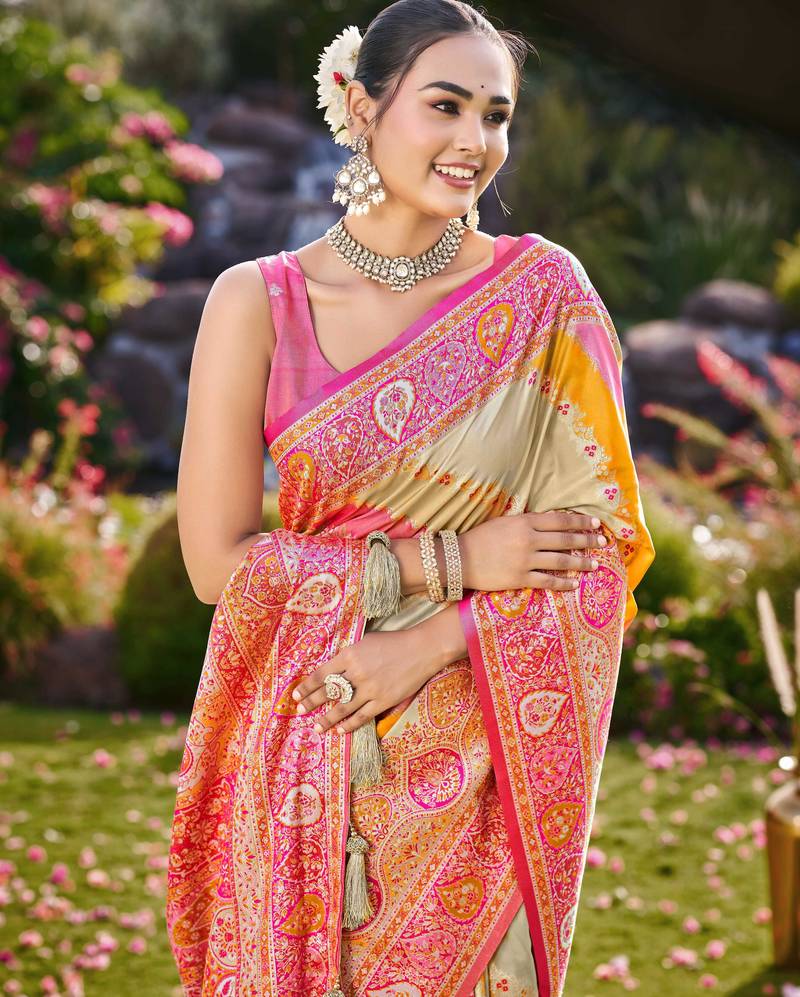 Women cream & pink banarasi jacquard woven silk blend ethnic saree