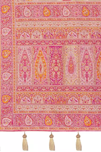 Women cream & pink banarasi jacquard woven silk blend ethnic saree