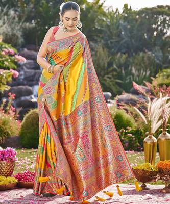 Women mustard yellow & green banarasi jacquard woven silk blend festive saree 1