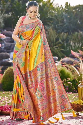 Women mustard yellow & green banarasi jacquard woven silk blend festive saree