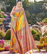 Women mustard yellow & green banarasi jacquard woven silk blend festive saree