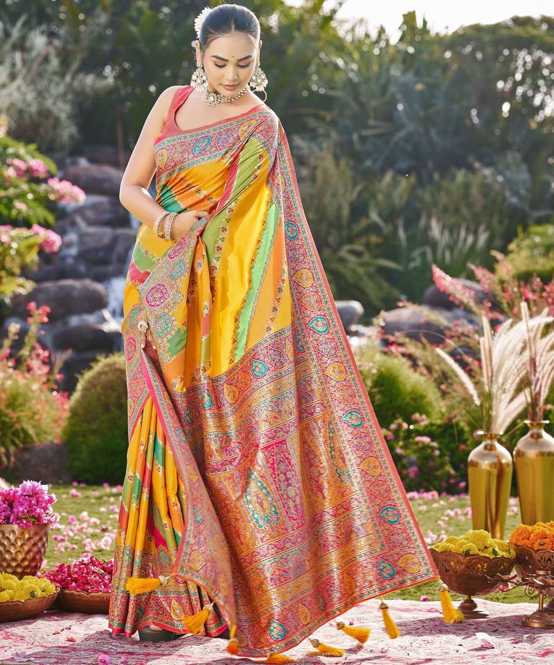 Women mustard yellow & green banarasi jacquard woven silk blend festive saree