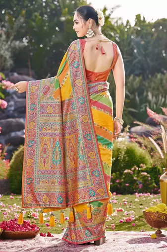 Women mustard yellow & green banarasi jacquard woven silk blend festive saree