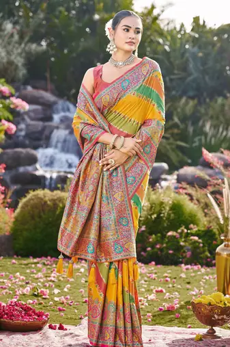 Women mustard yellow & green banarasi jacquard woven silk blend festive saree
