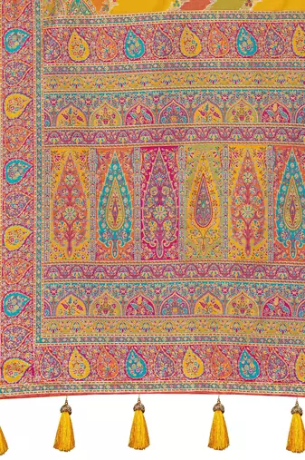 Women mustard yellow & green banarasi jacquard woven silk blend festive saree
