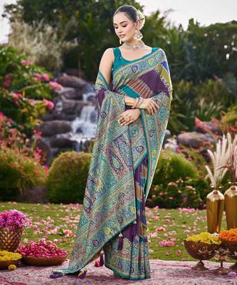 Women purple & blue banarasi jacquard woven silk blend wedding saree 1