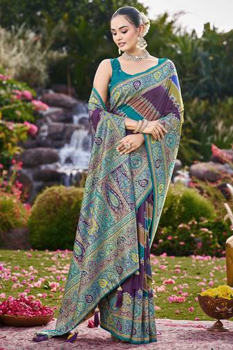 Women purple & blue banarasi jacquard woven silk blend wedding saree
