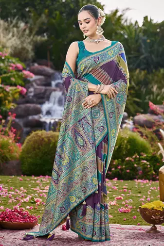 Women purple & blue banarasi jacquard woven silk blend wedding saree